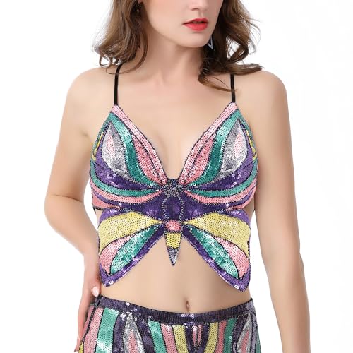 Naimo Damen Pailletten Schmetterling Crop Top Sexy Halter Bandage Riemchen Tank Top Cami Tube Bauchtanz BH Rave Kostüm von Naimo