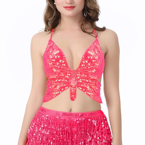 Naimo Damen Pailletten Schmetterling Crop Top Spaghetti Träger Tank Top Rave Party Bauchtanz Kostüm Rückenfreies Oberteil von Naimo