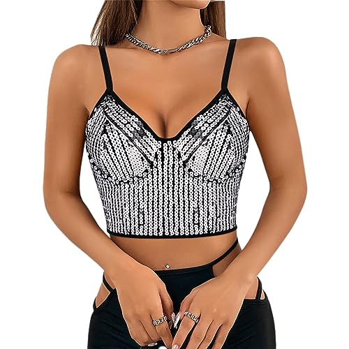 Naimo Damen Pailletten Top Bustier Korsett Push Up Crop Top Spaghettiträger Cami Corsage Weste Club Party Tank Tops von Naimo