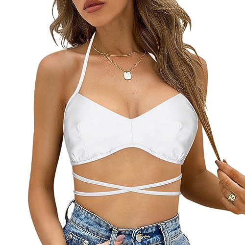 Naimo Damen Reflektierende Crop Top Metallic Tank Weste Rückenfreier Neckholder BH Criss Cross Wrap Camisole Rave Oberteil von Naimo