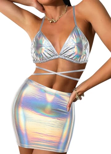 Naimo Damen Reflektierendes Crop Top Metallic Rock Set Spaghettiträger Tank Top Rückenfrei Holografisches Rave Outfit von Naimo