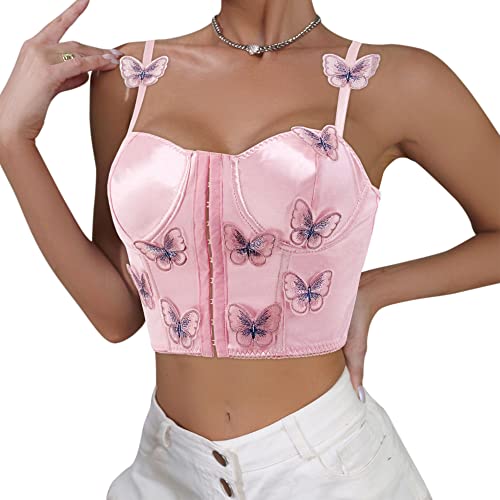 Naimo Damen Schmetterling Bestickte Korsett Push Up Bustier Seide Satin Cami Crop Top Ärmellos Spaghettiträger Tank Top von Naimo