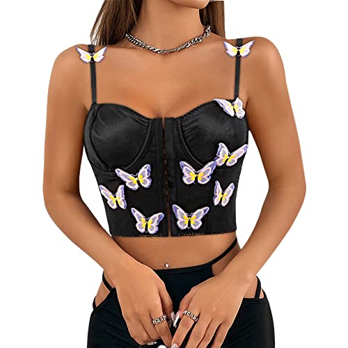 Naimo Damen Schmetterling Bestickte Korsett Push Up Bustier Seide Satin Cami Crop Top Ärmellos Spaghettiträger Tank Top von Naimo