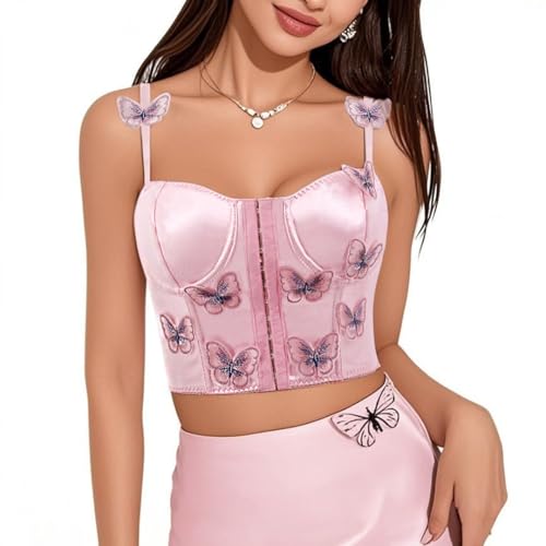 Naimo Damen Schmetterling Crop Top Satin Cami Korsett Bustier Spaghetti Tank Top Vintage Y2K Top Party Oberteile von Naimo