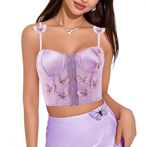 Naimo Damen Seide Satin Schmetterling Korsett Push Up Crop Top Bustier BH Ärmellos Tank Weste Cami Corsage Clubwear von Naimo
