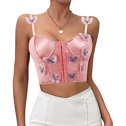 Naimo Damen Seide Satin Schmetterling Korsett Push Up Crop Top Bustier BH Spaghettiträger Cami Tank Weste Corsage Clubwear von Naimo