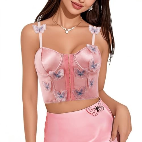 Naimo Damen Seide Satin Schmetterling Korsett Push Up Crop Top Bustier BH Spaghettiträger Cami Tank Weste Corsage Clubwear von Naimo