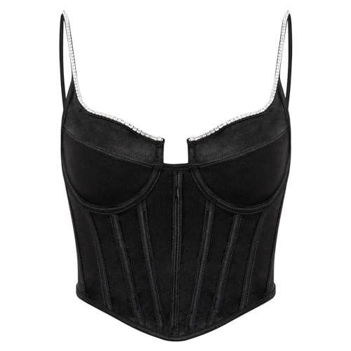 Naimo Damen Seide Satin Top Strass Korsett Bustier Cami Sexy Ärmellos Spaghettiträger Crop Tank Top Trägertop von Naimo