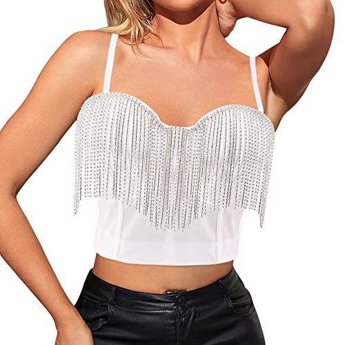 Naimo Damen Sexy Strass Quaste Bustier Push Up Crop Top Korsett BH Glitzer Diamant Tank Top Weste Party Clubwear von Naimo