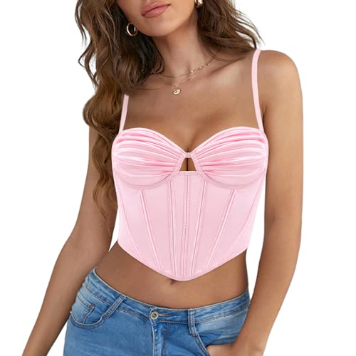 Naimo Damen Silk Satin Top Korsett Bustier Cut Out Crop Cami Top Sexy Ärmellose Spaghettiträger Tank Top Trägertop von Naimo