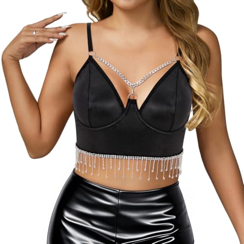 Naimo Damen Strass Fransen Crop Top Ärmellos Spaghettiträger Cut Out Tank Top Trägertop Cami Korsett Oberteil mit Quaste von Naimo