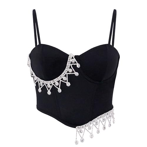 Naimo Damen Strass Korsett Bustier Sexy Spaghettiträger Crop Top Ärmellos Tank Top Corsage Cami BH Trägertop von Naimo