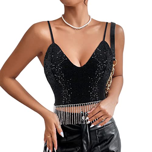 Naimo Damen Strass Quaste Crop Top Glitzer Pailletten Tops Ärmellos V-Ausschnitt Camisole Tank Weste Bluse Rave Oberteile von Naimo