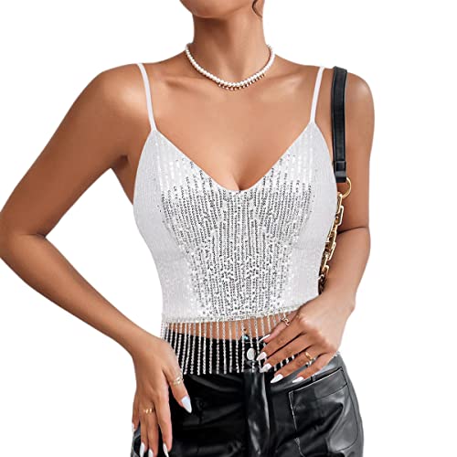 Naimo Damen Strass Quaste Crop Top Glitzer Pailletten Tops Ärmellos V-Ausschnitt Camisole Tank Weste Bluse Rave Oberteile von Naimo