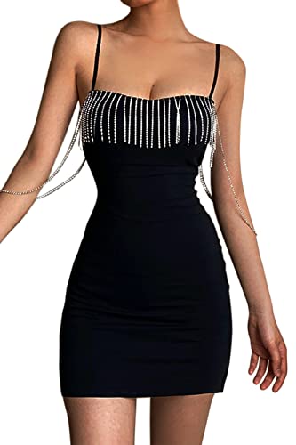 Naimo Damen Strass Quastenkleid Sexy V Ausschnitt Ärmelloses Spaghettiträger Bodycon Minikleid Cocktail Partykleider von Naimo