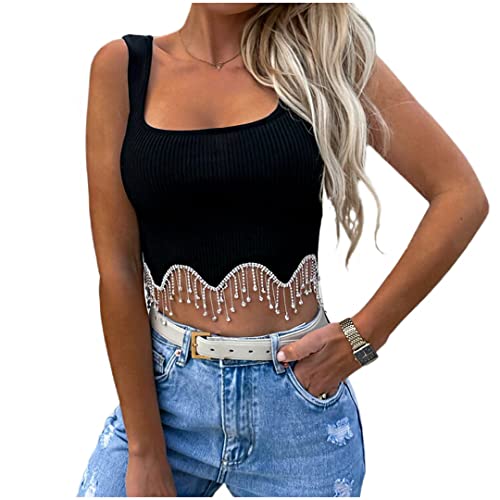 Naimo Damen bauchfreies Top mit glitzernden Strass-Quasten, ärmellos, gerippt, Tank-Top, Cami, schmale Passform, bauchfreies Hemd, Weste, Schwarz, Klein von Naimo