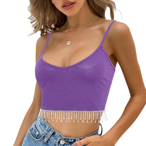 Naimo Glitzer Strass Fransen Crop Top Sexy Ärmelloses Spaghettiträger Tank Top Trägertop Gerippt Cami Oberteil mit Quaste von Naimo