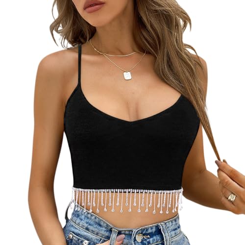 Naimo Glitzer Strass Fransen Crop Top Sexy Ärmelloses Spaghettiträger Tank Top Trägertop Gerippt Cami Oberteil mit Quaste von Naimo