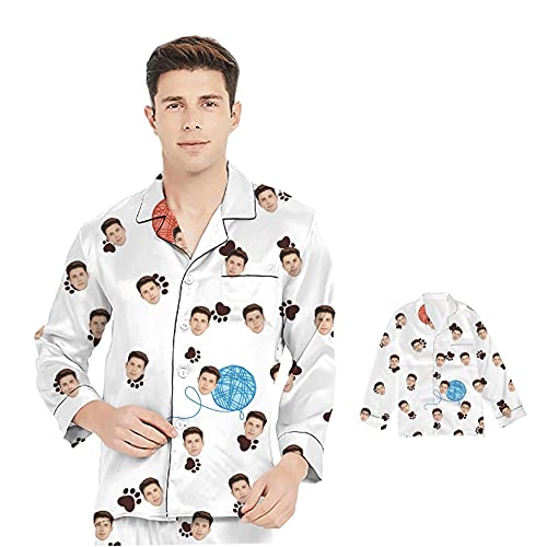 Benutzerdefinierte Gesicht Pyjama-Sets mit Foto für Männer, personalisierte Katze Hund Bild Avatar Nachtwäsche Set Nachtwäsche Langarm Zweiteilige Knopf Nachtwäsche Loungewear Geburtstagsgeschenk von Naispanda