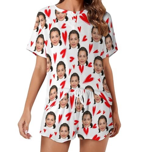 Naispanda Custom Damen Pyjama Set mit Foto Gesicht Personalisierte Foto Damen Pyjama Shorts PJs für Damen Sets individuelle Teenager 2 teilige Sommer Nachtwäsche Loungewear Geschenke Größe von Naispanda