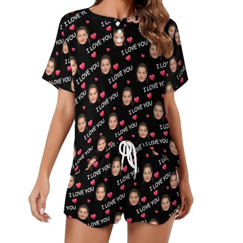 Naispanda Custom Damen Pyjama Set mit Foto Gesicht Personalisierte Foto Damen Pyjama Shorts PJs für Damen Sets individuelle Teenager 2 teilige Sommer Nachtwäsche Loungewear Geschenke Größe von Naispanda