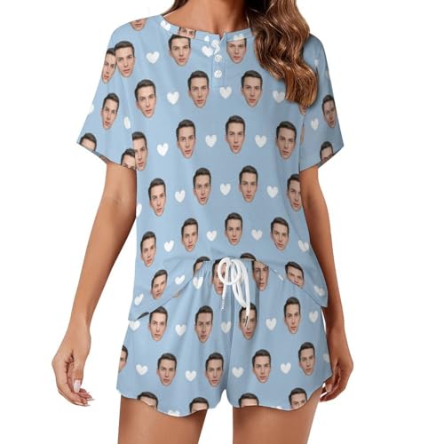 Naispanda Custom Damen Pyjama Set mit Foto Gesicht Personalisierte Foto Damen Pyjama Shorts PJs für Damen Sets individuelle Teenager 2 teilige Sommer Nachtwäsche Loungewear Geschenke Größe von Naispanda