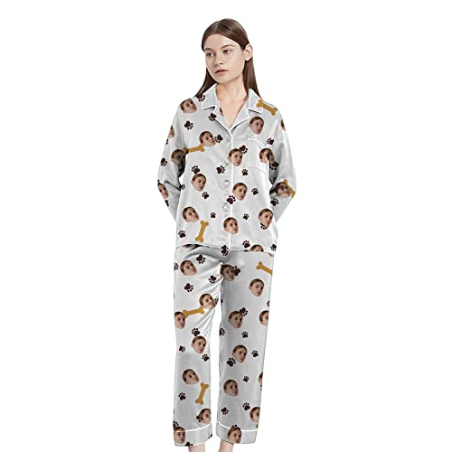 Naispanda Damen Pyjama Set Personalisiert Foto,Lang Zweiteiliger Eleganter Satin Schlafanzug Klassische Loungewear mit Knopfleiste, Benutzerdefinierte Geschenke für Frauen von Naispanda