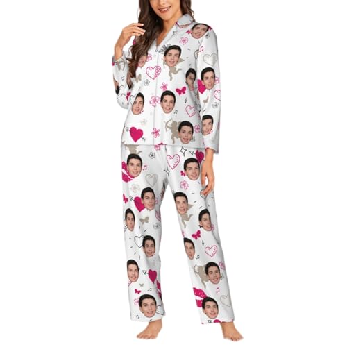 Naispanda Personalisierte Frauen Pyjama Set, Benutzerdefiniertes Damen-Pyjama-Set, Langarm-Pyjama-Set mit Fotogesicht/Text Frauen Nachtwäsche Sets für Frauen von Naispanda