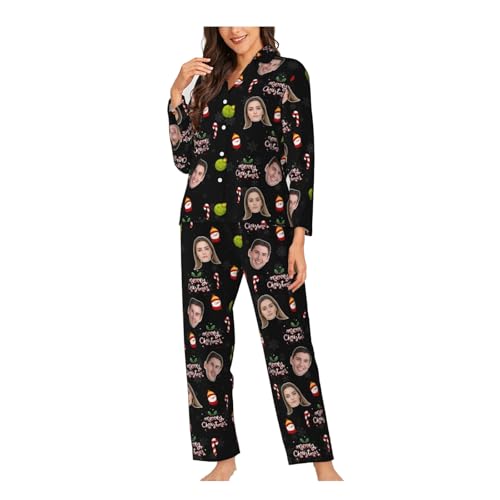 Naispanda Personalisierte Frauen Pyjama Set, Benutzerdefiniertes Damen-Pyjama-Set, Langarm-Pyjama-Set mit Fotogesicht/Text Frauen Nachtwäsche Sets für Frauen von Naispanda