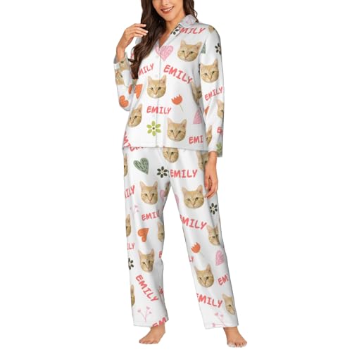 Naispanda Personalisierte Frauen Pyjama Set, Benutzerdefiniertes Damen-Pyjama-Set, Langarm-Pyjama-Set mit Fotogesicht/Text Frauen Nachtwäsche Sets für Frauen von Naispanda