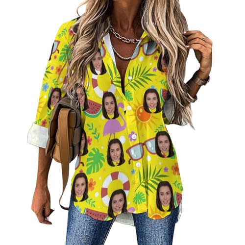 Naispanda Personalisierte Hawaii-Bluse Hemd für Frauen Personalisierte Tropical Floral Beach Shirts Personalisierte Langarm Tops Button Down Shirts Personalisierte Frauen Hawaii-Hemd von Naispanda