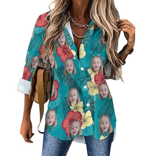 Naispanda Personalisierte Hawaii-Bluse Hemd für Frauen Personalisierte Tropical Floral Beach Shirts Personalisierte Langarm Tops Button Down Shirts Personalisierte Frauen Hawaii-Hemd von Naispanda