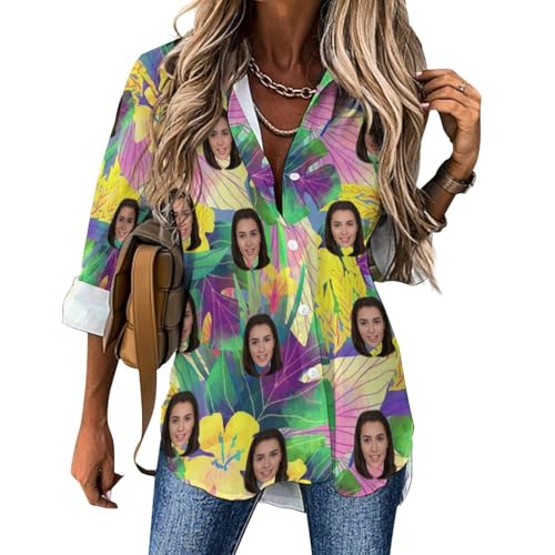 Naispanda Personalisierte Hawaii-Bluse Hemd für Frauen Personalisierte Tropical Floral Beach Shirts Personalisierte Langarm Tops Button Down Shirts Personalisierte Frauen Hawaii-Hemd von Naispanda