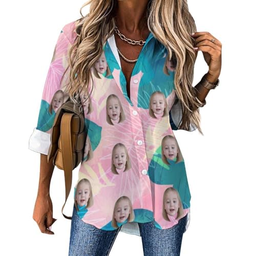 Naispanda Personalisierte Hawaii-Bluse Hemd für Frauen Personalisierte Tropical Floral Beach Shirts Personalisierte Langarm Tops Button Down Shirts Personalisierte Frauen Hawaii-Hemd von Naispanda