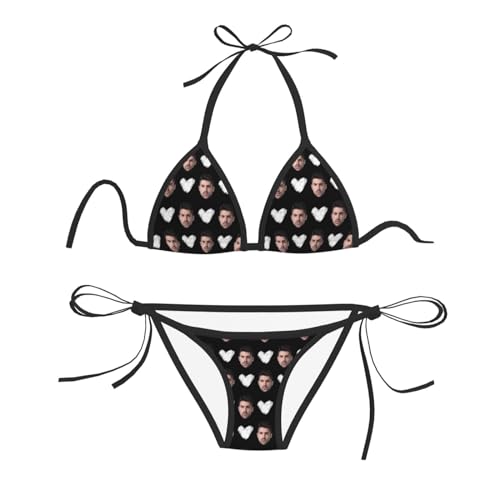 Naispanda Personalisiertes Bikini Badeanzug Set Mit Gesichtern, Gesichts Badeanzüge für Frauen, Badebekleidung Damen Triangel-Bikini Mit Seitlichem String von Naispanda