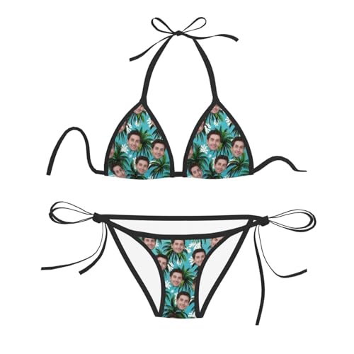 Naispanda Personalisiertes Bikini Badeanzug Set mit Gesichtern, Personalisierte Gesichts Badeanzüge für Frauen, Personalisierte Badebekleidung Damen Triangel-Bikini mit Seitlichem String von Naispanda