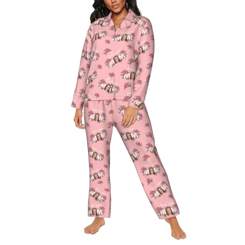 Naispanda Personalisiertes Damen Pyjama Set mit Foto Gesicht/Text, Personalisiertes Foto Gesichts Pyjama Set für Frauen, Personalisierte Lustige Langarm Nachtwäsche Loungewear von Naispanda