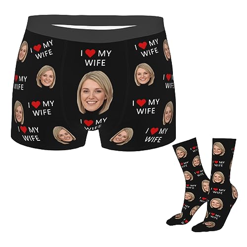 Personalisierte Männer Ich liebe meine Frau Boxershorts mit Foto Gesicht Foto Gesicht Socken 16 Zoll Set Individuelle Unterwäsche Boxershorts Unterhosen Geschenke für Männer Ehemann Boyfriend von Naispanda