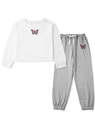 Kinder Mädchen Trainingsanzug Set Mädchen Schmetterling Muster Langarm Pullover Sweatshirt Crop Tops + Hosenanzug Teenager Mädchen Frühling Herbst Outfits Set Sport Hip Hop Kleidung von Naiyafly