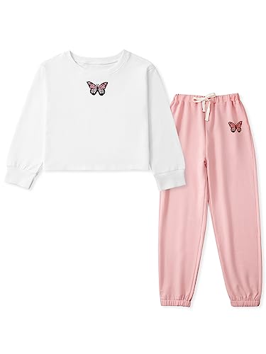 Kinder Mädchen Trainingsanzug Set Mädchen Schmetterling Muster Langarm Pullover Sweatshirt Crop Tops + Hosenanzug Teenager Mädchen Frühling Herbst Outfits Set Sport Hip Hop Kleidung von Naiyafly
