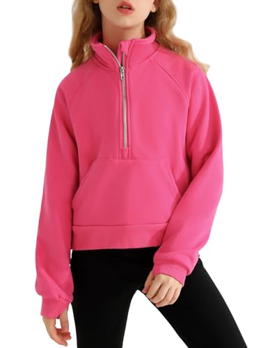 Mädchen Pullover Halber Reißverschluss Kurzer Sweatshirts für Mädchen Stand Kragen Langärmelig Fleece Kapuzenjacke mit Taschen Daumenloch 7-14Jahre von Naiyafly