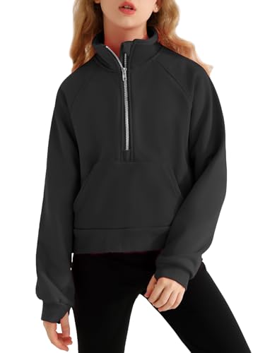 Mädchen Pullover Halber Reißverschluss Kurzer Sweatshirts für Mädchen Stand Kragen Langärmelig Fleece Kapuzenjacke mit Taschen Daumenloch 7-14Jahre von Naiyafly