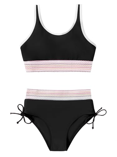 Naiyafly 2-teiliges Badeanzug-Set für Teenager-Mädchen, verstellbare Träger, Farbblock-Besatz, Bikinioberteil und Slip, hohe Taille, Bademode mit Kordelzug, Strandmode, Badeanzug für Kinder von 9–16 von Naiyafly