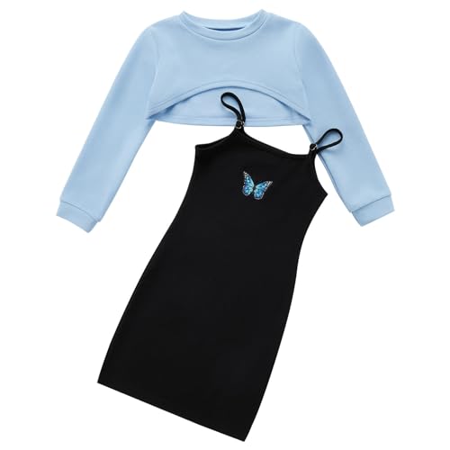 Naiyafly 2-teiliges Mädchen-Outfit, langärmeliges Crop-Top und Cami-Kleid-Set, Teenager-Mädchen-Pullover-Sweatshirt + figurbetontes Kleid mit Schmetterlings-/Karomuster von Naiyafly