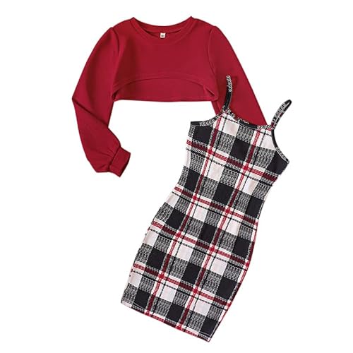 Naiyafly 2-teiliges Mädchen-Outfit, langärmeliges Crop-Top und Cami-Kleid-Set, Teenager-Mädchen-Pullover-Sweatshirt + figurbetontes Kleid mit Schmetterlings-/Karomuster von Naiyafly