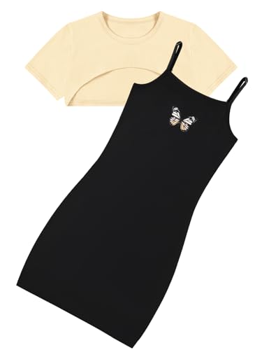 Naiyafly 2-teiliges Outfit für Mädchen, kurzärmelig, bauchfreies Top und Cami-Kleid, Set für Teenager, Mädchen, Pullover, Shirts + Schmetterlings-Druck, figurbetontes Kleid, Kleidung, Sommer Naiyafly 2-teiliges Outfit für Mädchen, kurzärmelig, bauchfreies Top und Cami-Kleid, Set für Teenager, Mädchen, Pullover, Shirts + Schmetterlings-Druck, figurbetontes Kleid, Kleidung, Sommer von Naiyafly