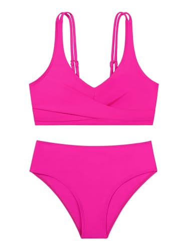 Naiyafly Badeanzug für Teenager-Mädchen, 2-teilig, 2 Träger, gekreuztes Bikinioberteil + Slip, einfarbig, Bade-Set, Blumenmuster, Strand-Bademode für Kinder von 9–16 Jahren, rosarot, 9-10 Jahre von Naiyafly