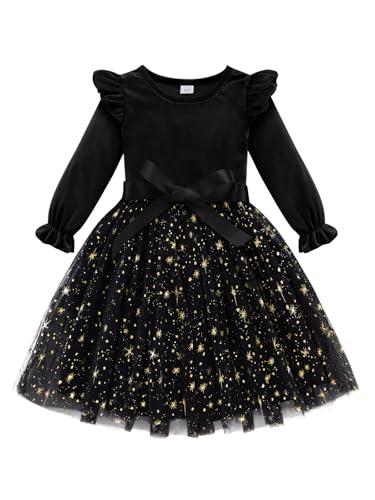 Naiyafly Kleinkind Mädchen Kleid Langarm Rüschen Samt Kinder Pailletten Tüll Tutu Kleider Urlaub Party Herbst Winter Hochzeit Prinzessin Kleid 2–7 Jahre, Schwarz , 3-4 Jahre von Naiyafly