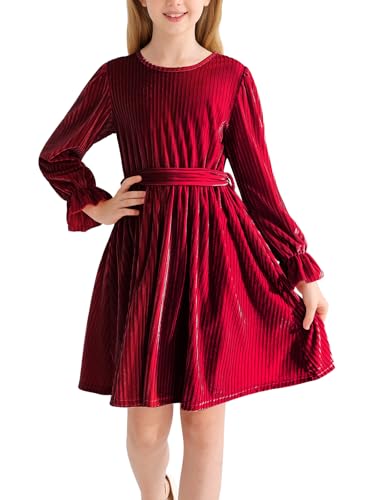 Naiyafly Mädchen Langarm Kleid Samt Rundhals Midi Herbst Winter Vintage Festliches Kleid für Kinder Teenager Mädchen Weihnachtsparty Kleid Kinder Freizeitkleider von Naiyafly