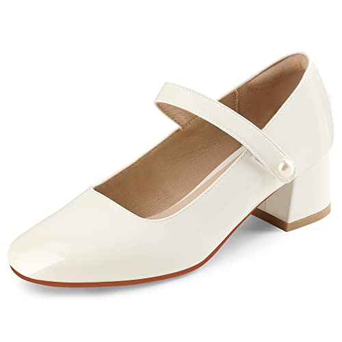 Naiyee Mary Jane Damenschuhe mit klobigem Absatz, Knöchelriemen, elegante Schuhe für Damen, niedrige Absätze, geschlossene abgerundete Zehen, Elfenbeinweißes Lack, 38.5 EU von Naiyee